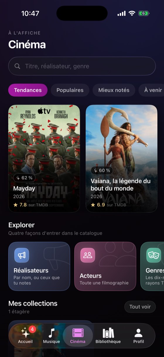 L'onglet Cinéma de Kura : les films du moment, chacun portant son pourcentage d'affinité avec le goût du lecteur et sa note TMDB.